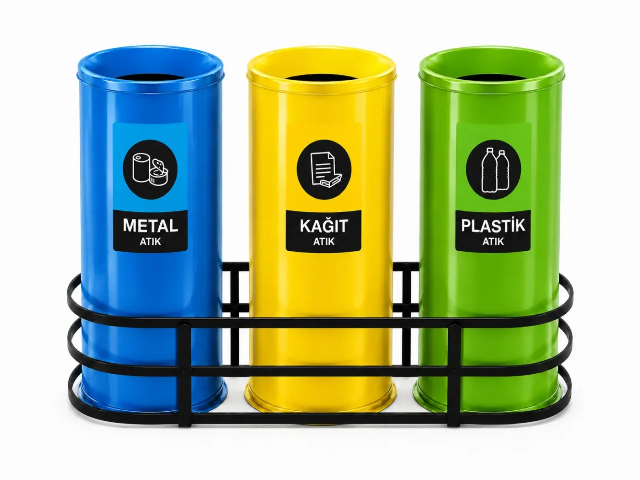 Boyalı Üçlü Düz Kapak Geri Dönüşüm Çöp Kovası