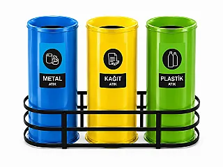 Boyalı Üçlü Düz Kapak Geri Dönüşüm Çöp Kovası
